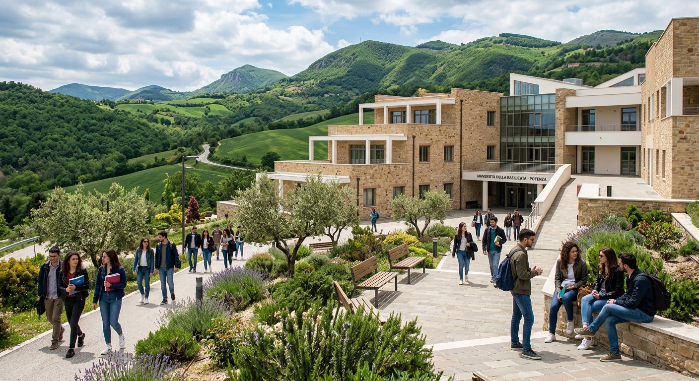 University of Basilicata campus in Potenza Italy, modern academic building surrounded by green hills of southern Italy, students walking through courtyard with Mediterranean architecture