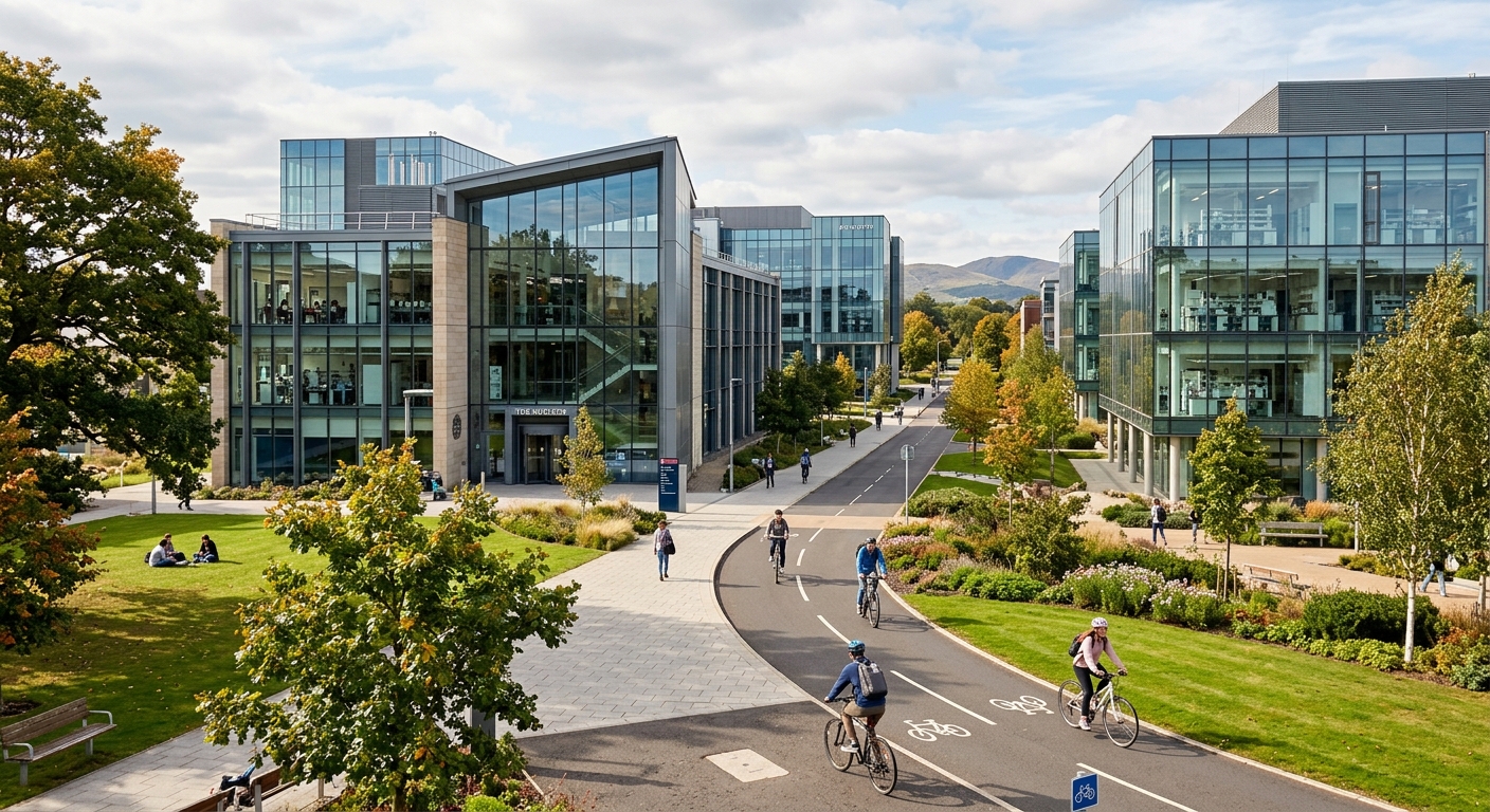 University of Edinburgh King's Buildings campus with modern science laboratories, glass-fronted buildings, landscaped grounds and cycling paths
