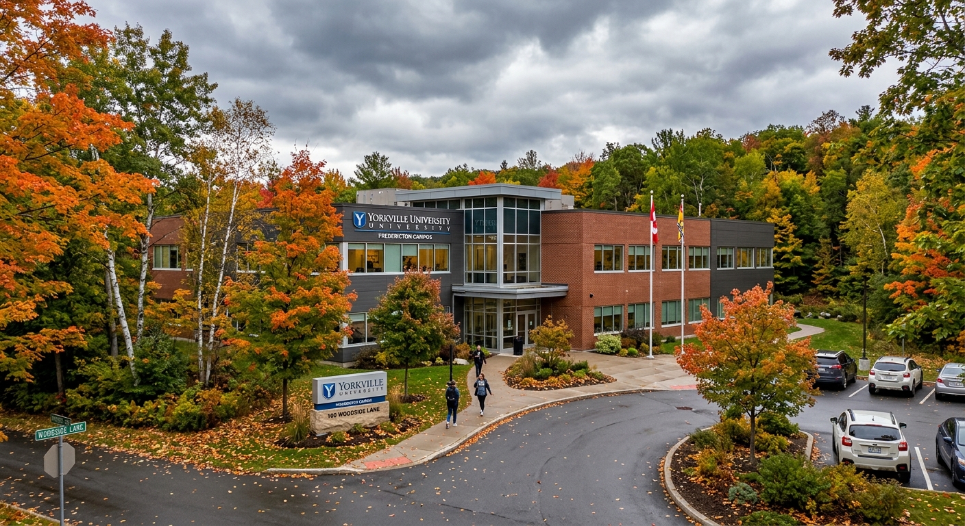 Yorkville University Fredericton campus exterior, modern two-story office building at 100 Woodside Lane surrounded by New Brunswick greenery, overcast sky with autumn foliage