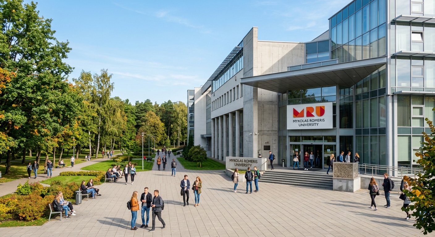 Mykolas Romeris University main building exterior, modern glass and concrete architecture, wide entrance plaza with students, green park surrounding the building, clear sky