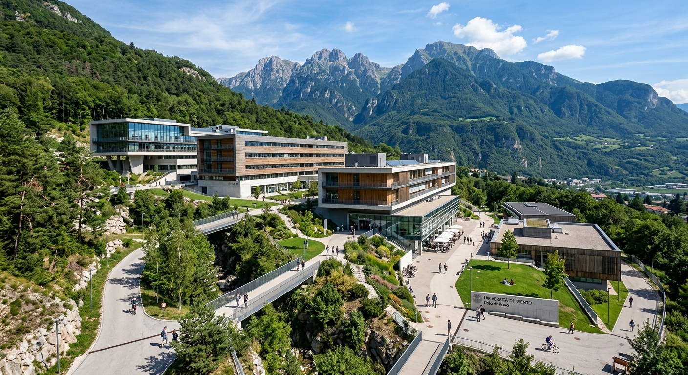 University of Trento Povo hill campus, modern research buildings and laboratories surrounded by green Alpine hills, science and technology facilities, contemporary architecture