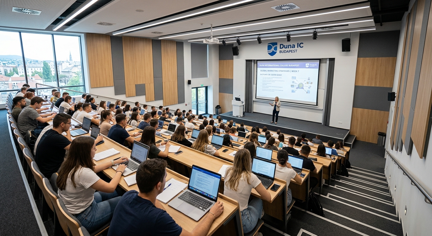 Modern lecture hall inside Duna International College Budapest, rows of desks with students, projector screen, bright lighting, contemporary design