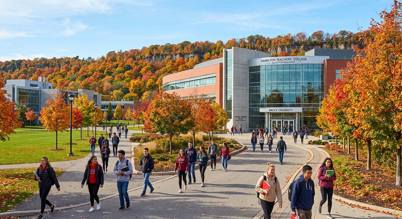 Brock University campus in St. Catharines Ontario with modern Faculty of Education building, Niagara Escarpment in background, students walking on tree-lined paths, bright autumn day
