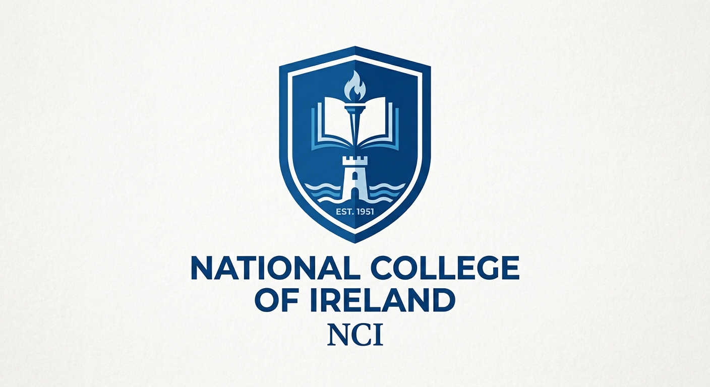 National College of Ireland NCI official logo, blue and white shield emblem with text National College of Ireland
