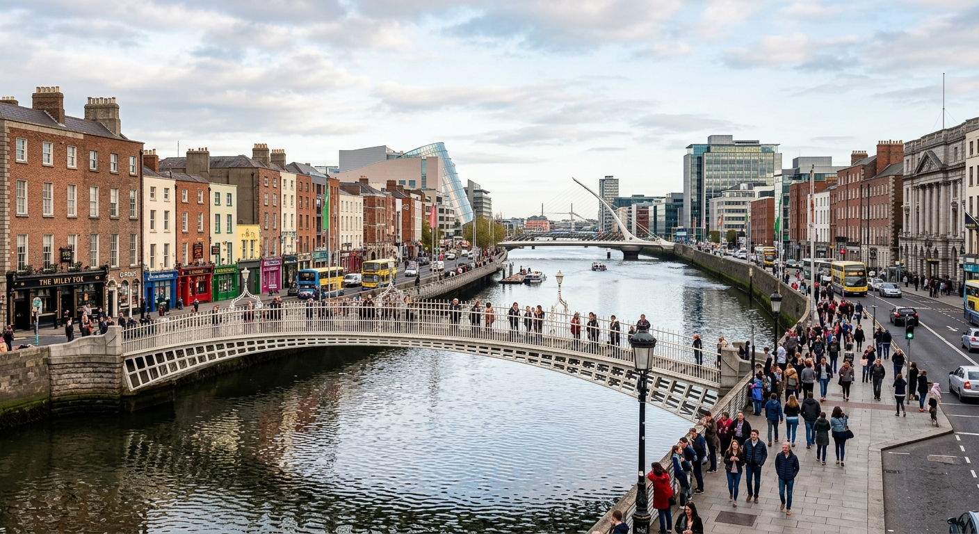 Dublin city skyline along the River Liffey, Ha'penny Bridge in foreground, Georgian architecture and modern buildings, lively atmosphere with pedestrians, soft Irish daylight