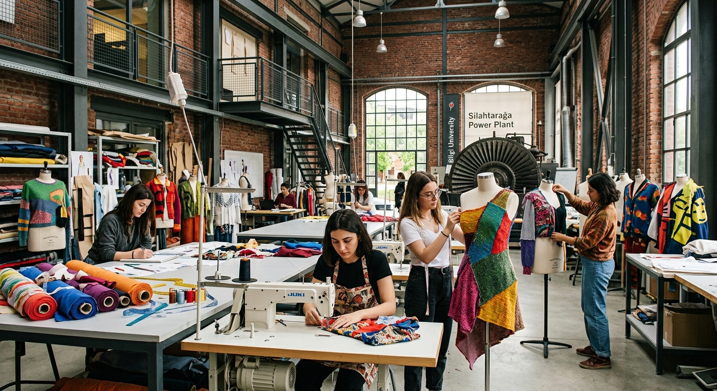 Istanbul Bilgi University santralistanbul campus with fashion design students working in modern textile workshops, mannequins displaying colorful garments, industrial heritage architecture with creative studio atmosphere