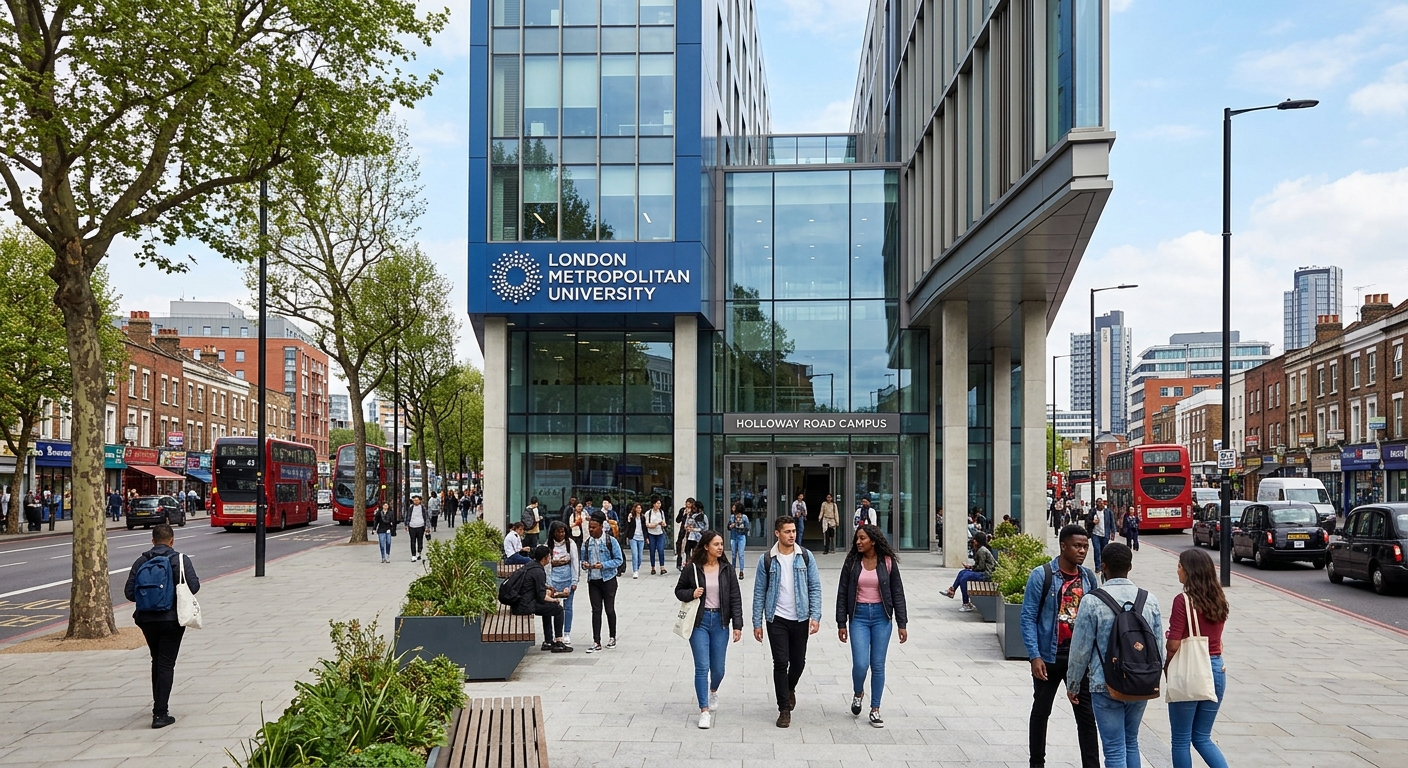 London Metropolitan University Holloway campus exterior with modern architecture, students walking near the entrance, urban London setting with trees and city buildings in the background, bright daylight