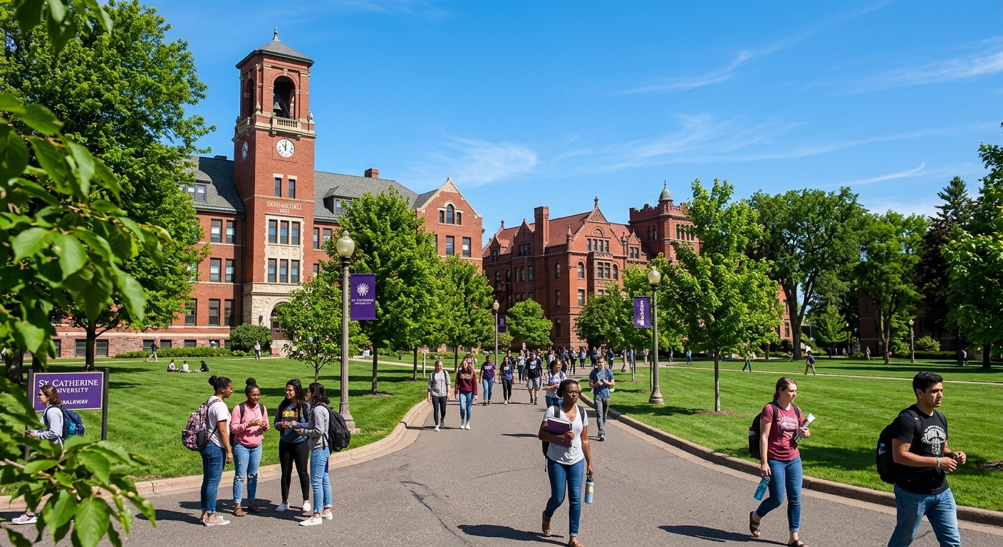 Historic red-brick campus buildings of St. Catherine University in St. Paul Minnesota, with tree-lined walkways, students walking to class, green lawns, and a clear blue sky