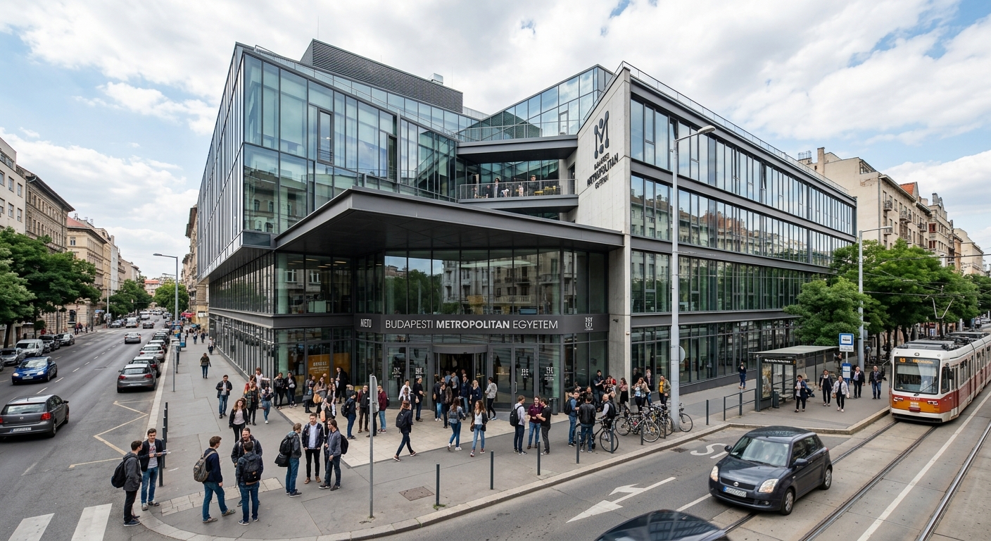 Nagy Lajos király street main campus building of Budapest Metropolitan University, modern architecture with glass facade, students gathering at the entrance, urban Budapest setting