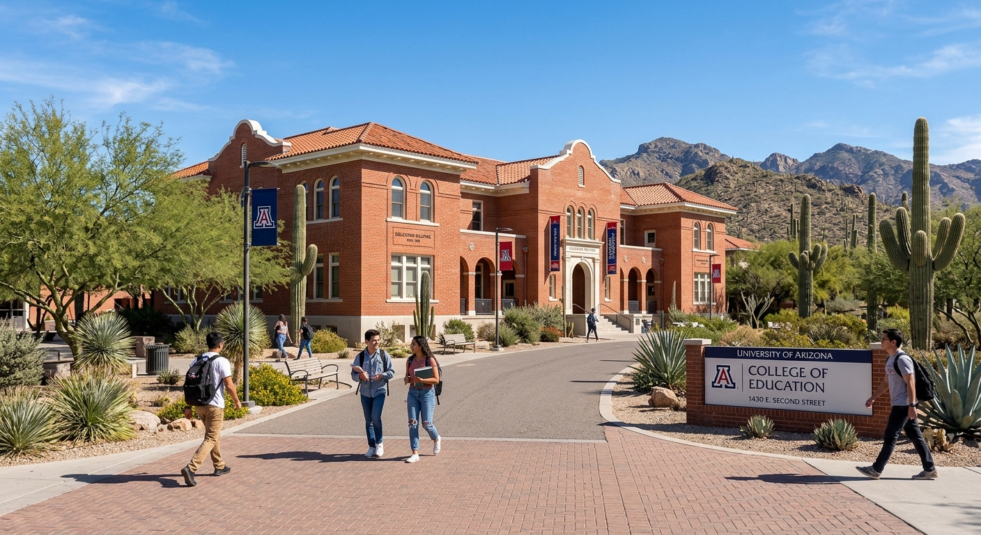 University of Arizona College of Education building in Tucson with desert landscape, red brick architecture, students walking on campus pathways under bright blue sky with saguaro cacti in the background