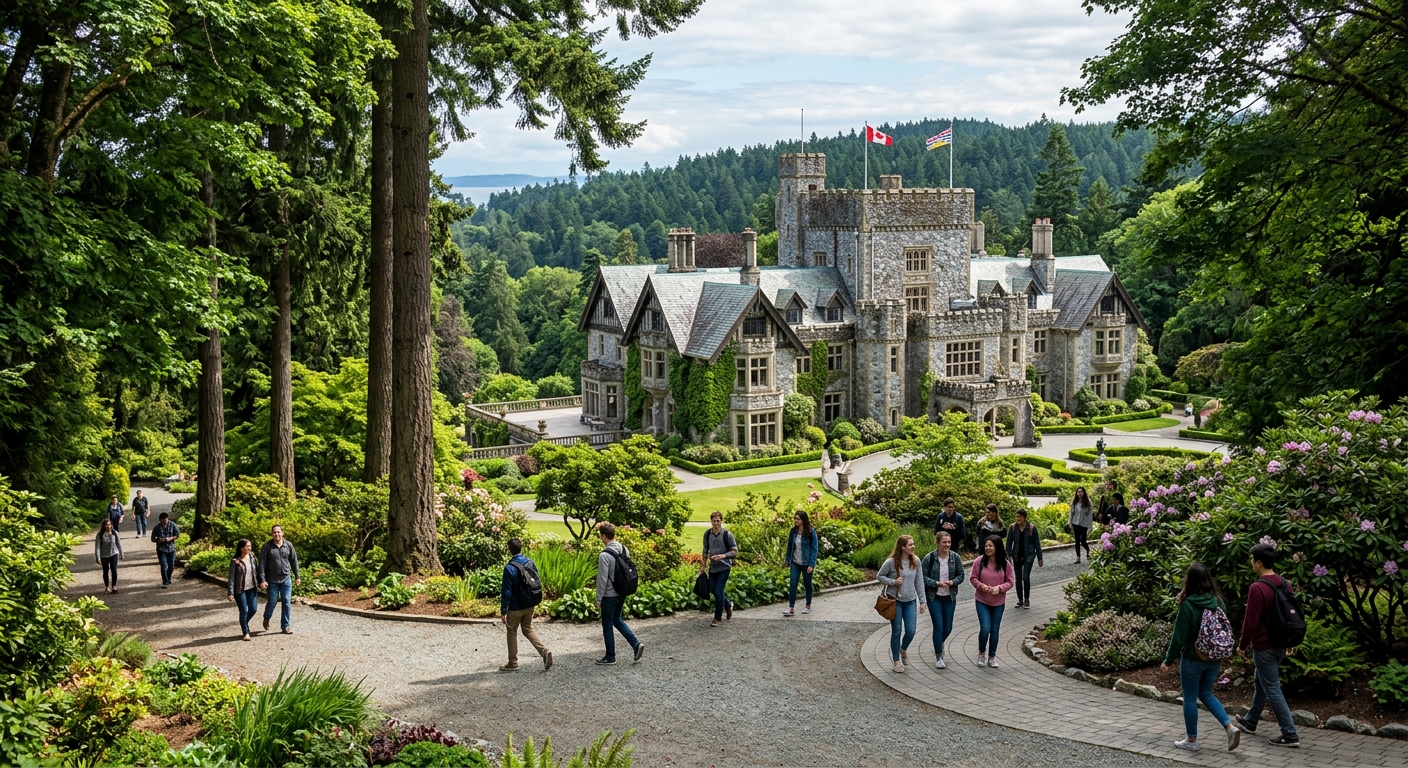 Royal Roads University historic Hatley Castle campus surrounded by lush green forests and gardens in Victoria, British Columbia, with students walking along pathways under tall trees