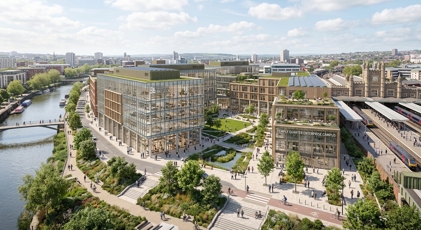 University of Bristol Temple Quarter Enterprise Campus rendering showing a modern sustainable building complex near Bristol Temple Meads station with landscaped public spaces and glass facades