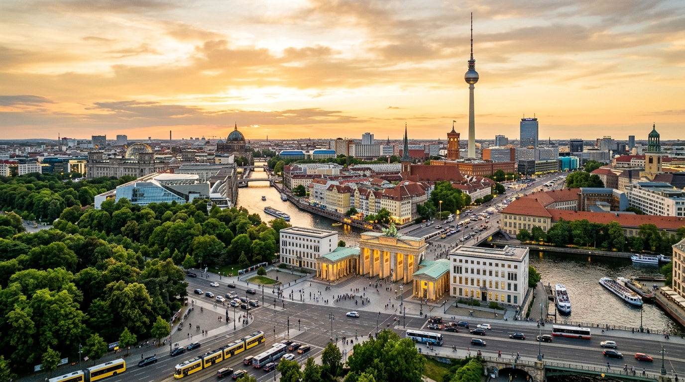 Berlin cityscape panorama showing the Brandenburg Gate, TV Tower (Fernsehturm), Spree River, modern and historic architecture, vibrant urban scene with green parks, warm golden hour lighting