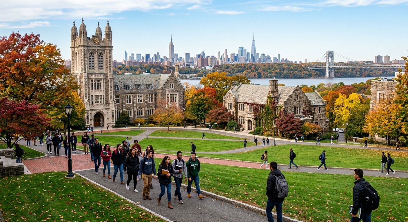 Manhattan University campus in Riverdale, New York, with green lawns and collegiate Gothic architecture, students walking between buildings with the New York City skyline visible in the background, autumn foliage