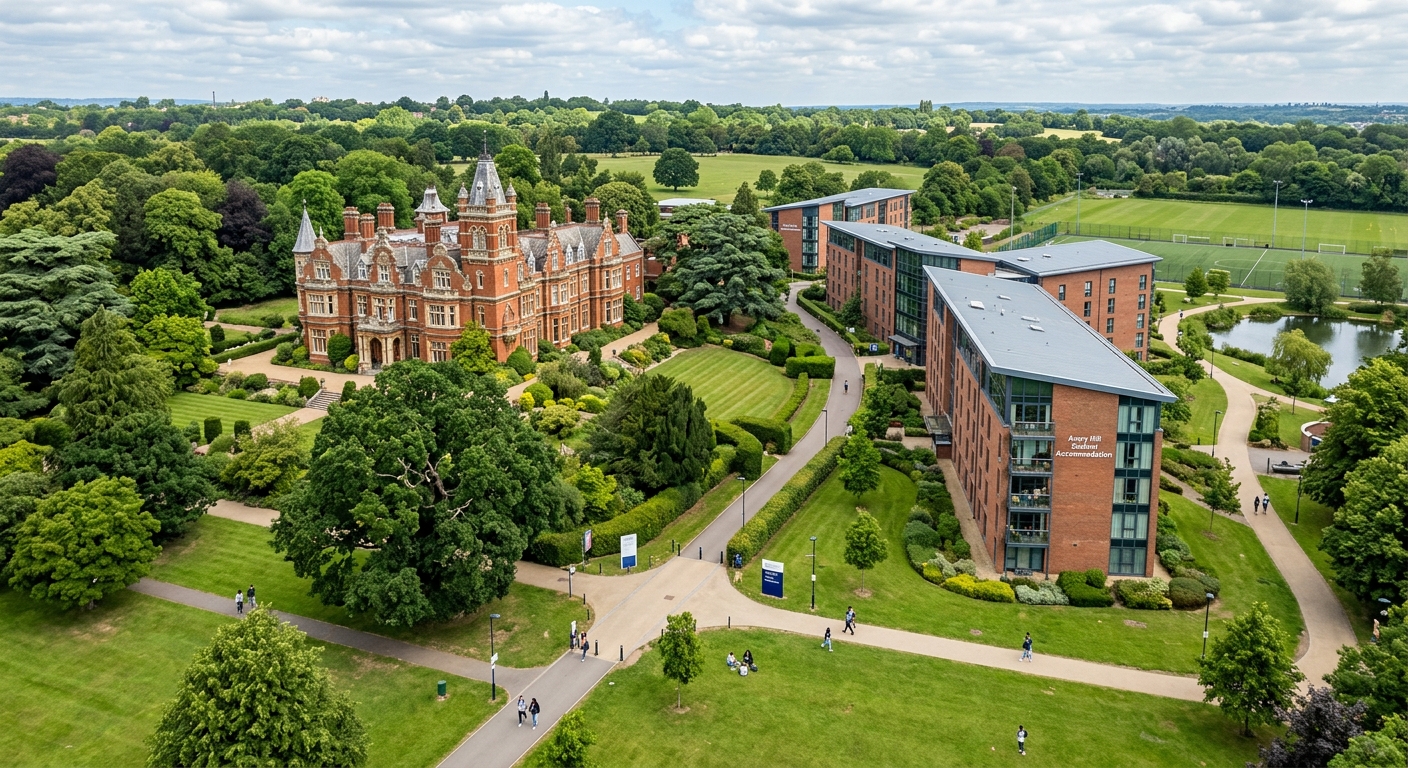 University of Greenwich Avery Hill Campus, Victorian mansion and modern student accommodation buildings surrounded by parkland and green spaces