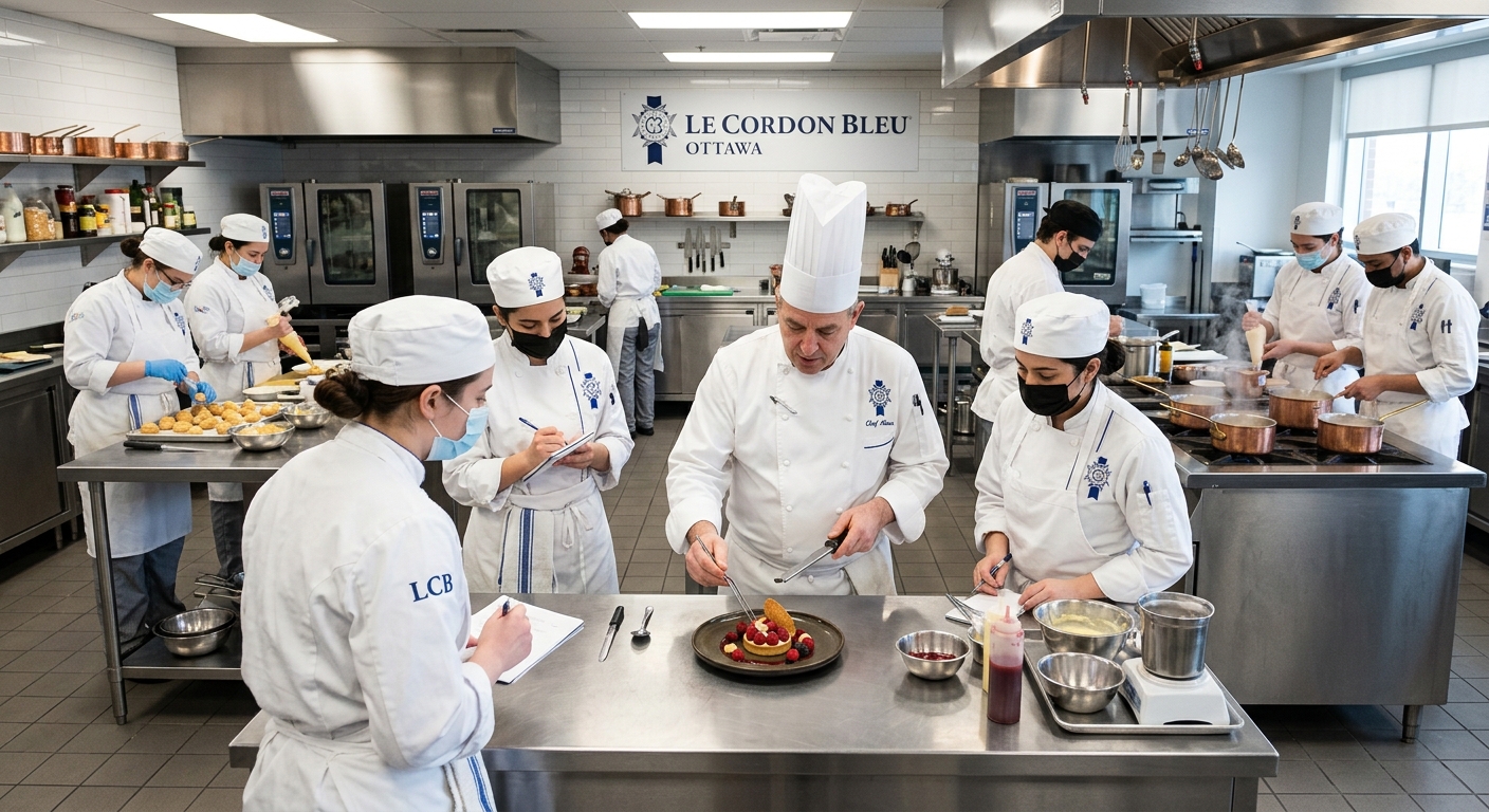 Professional culinary kitchen at Le Cordon Bleu Ottawa with students in white chef uniforms preparing French pastries and cuisine dishes, stainless steel equipment, bright overhead lighting, and instructor demonstrating plating techniques