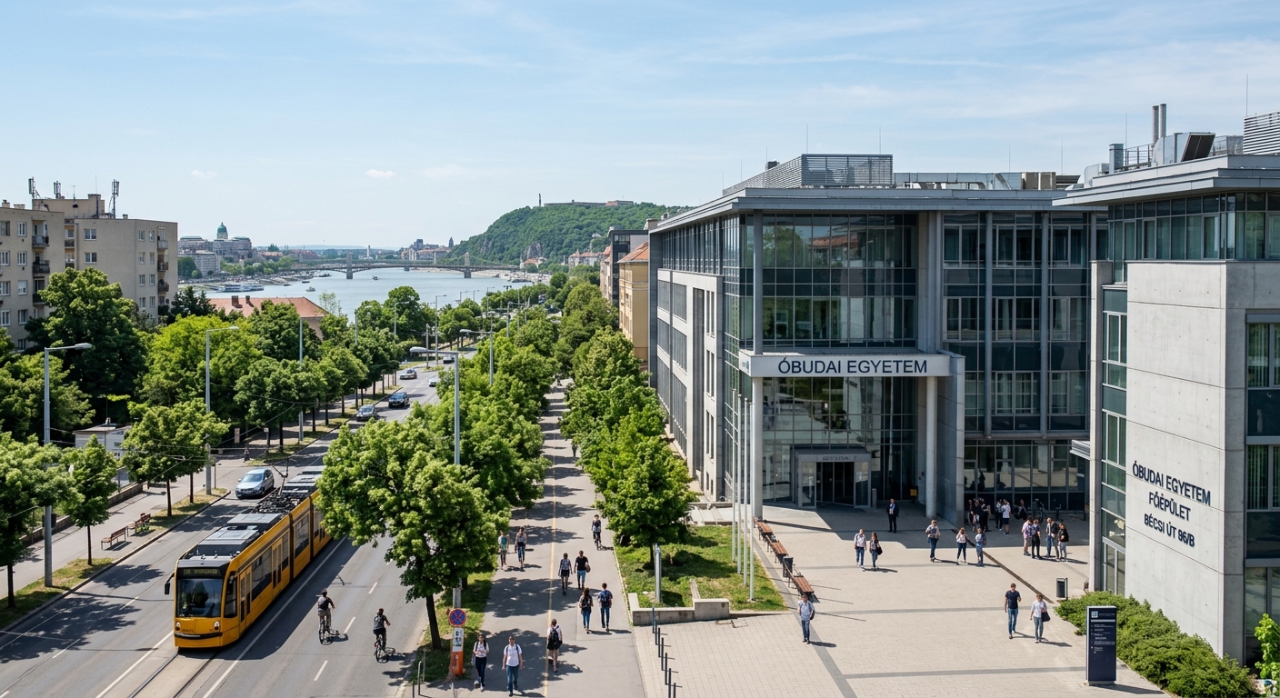Óbuda University main campus building in Budapest Hungary, modern institutional architecture along tree-lined street in the Óbuda district, Danube River visible in background, clear blue sky, European urban setting