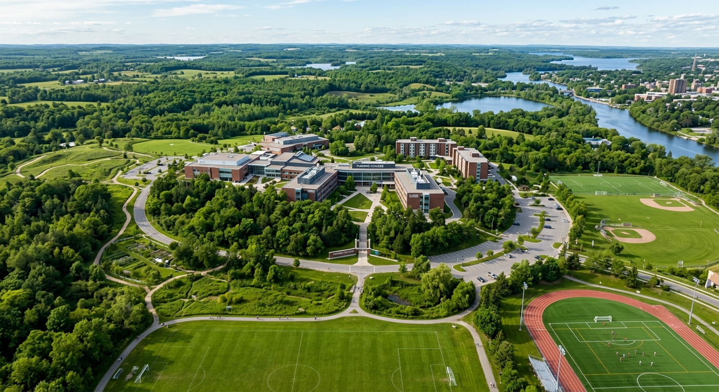 Aerial view of Fleming College Sutherland Campus in Peterborough Ontario, showing modern college buildings surrounded by 200 acres of lush green parkland, walking trails, and sports fields, with the Kawartha region landscape in the background