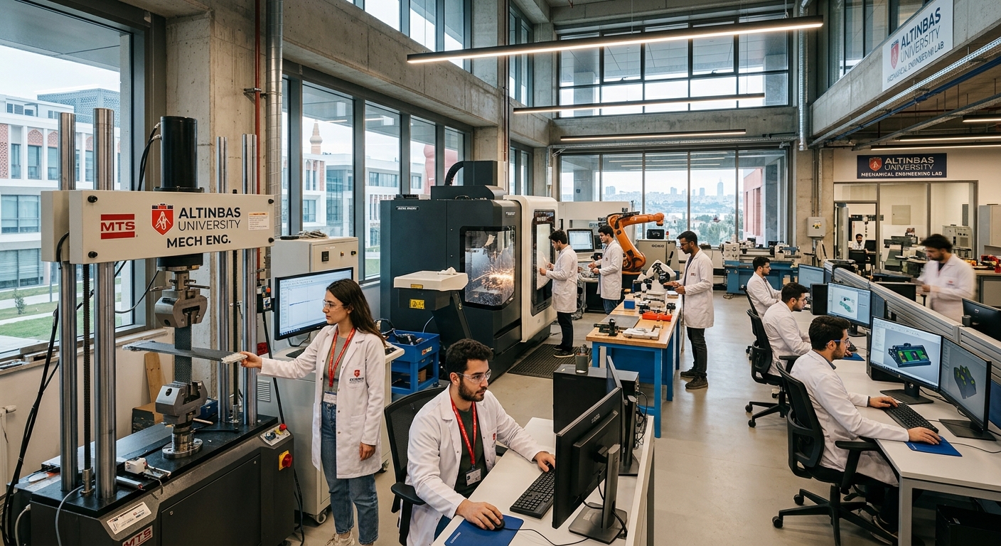 Modern engineering laboratory at Altinbas University Istanbul campus with graduate students working on mechanical testing equipment, CNC machines, and computer-aided design stations, bright industrial lighting and contemporary architecture