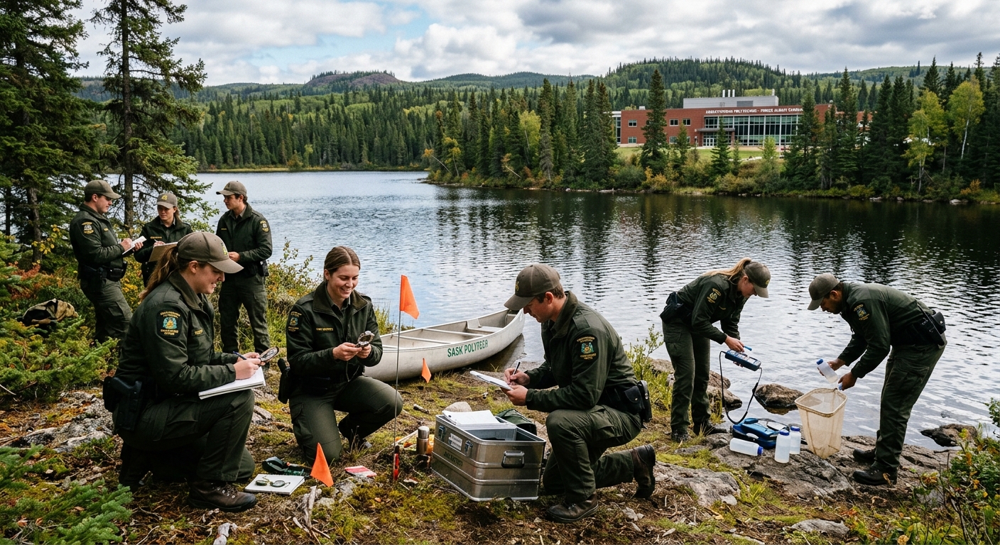 Saskatchewan Polytechnic Prince Albert campus surrounded by boreal forest landscape, students in outdoor field camp wearing conservation officer uniforms, Canadian wilderness with lakes and pine trees in the background