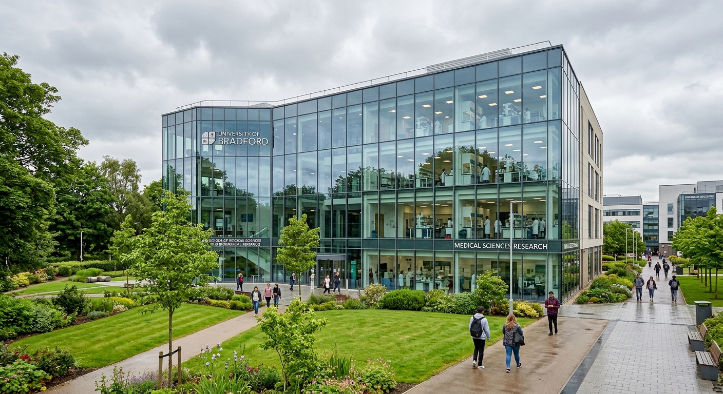 University of Bradford campus in West Yorkshire, modern research laboratory building with glass facade, medical research facilities visible, green landscaped grounds, overcast British sky