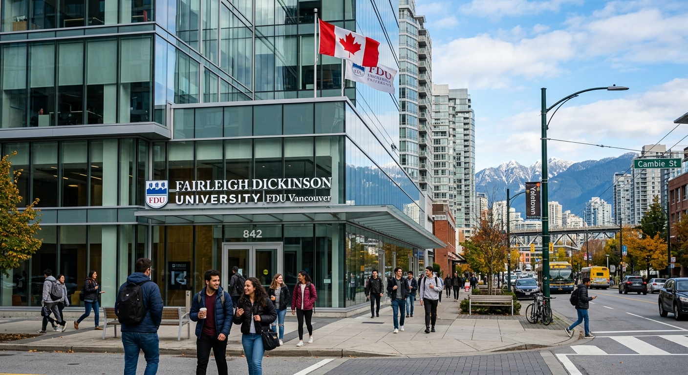 Fairleigh Dickinson University Vancouver campus building in downtown Yaletown district, modern glass architecture with Canadian flag, students walking on urban sidewalk with Vancouver skyline and mountains in background