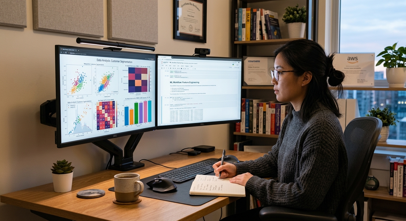 Modern home office setup with dual monitors displaying data visualizations and machine learning dashboards, notebook and coffee on desk, soft ambient lighting, representing remote online learning in data science