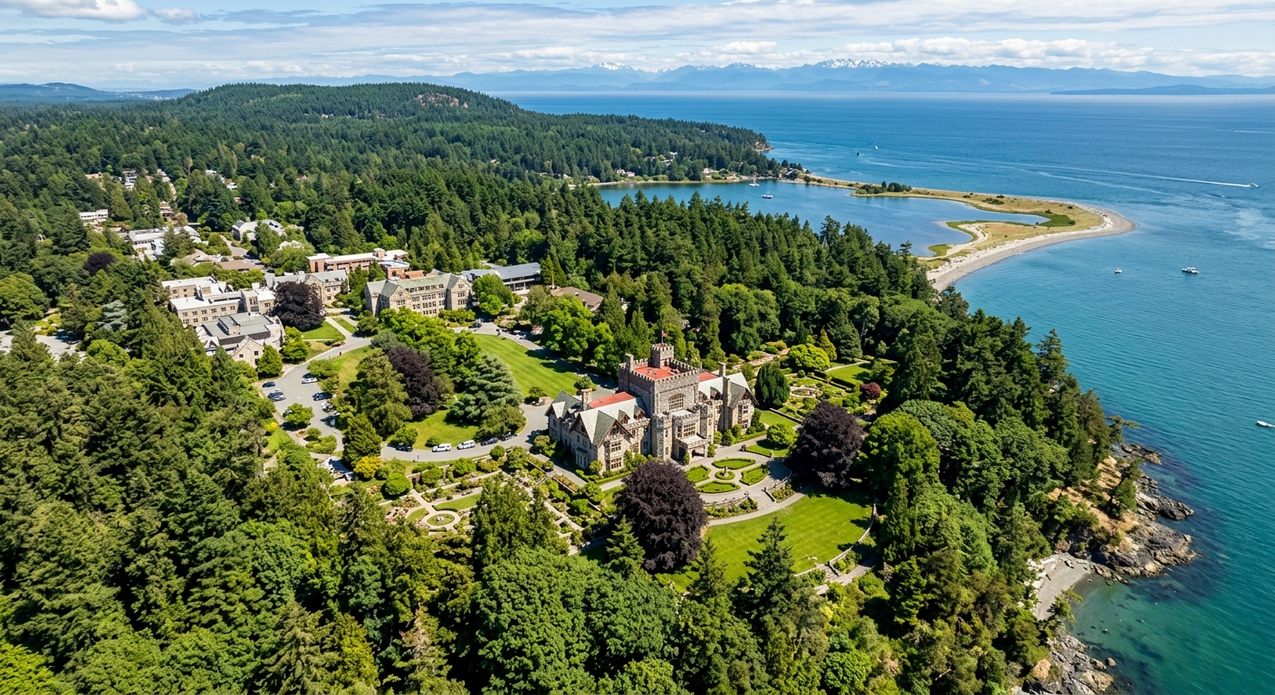 Aerial view of Royal Roads University campus with historic Hatley Castle surrounded by lush green forests and gardens on Vancouver Island, British Columbia, Canada, with ocean visible in the background