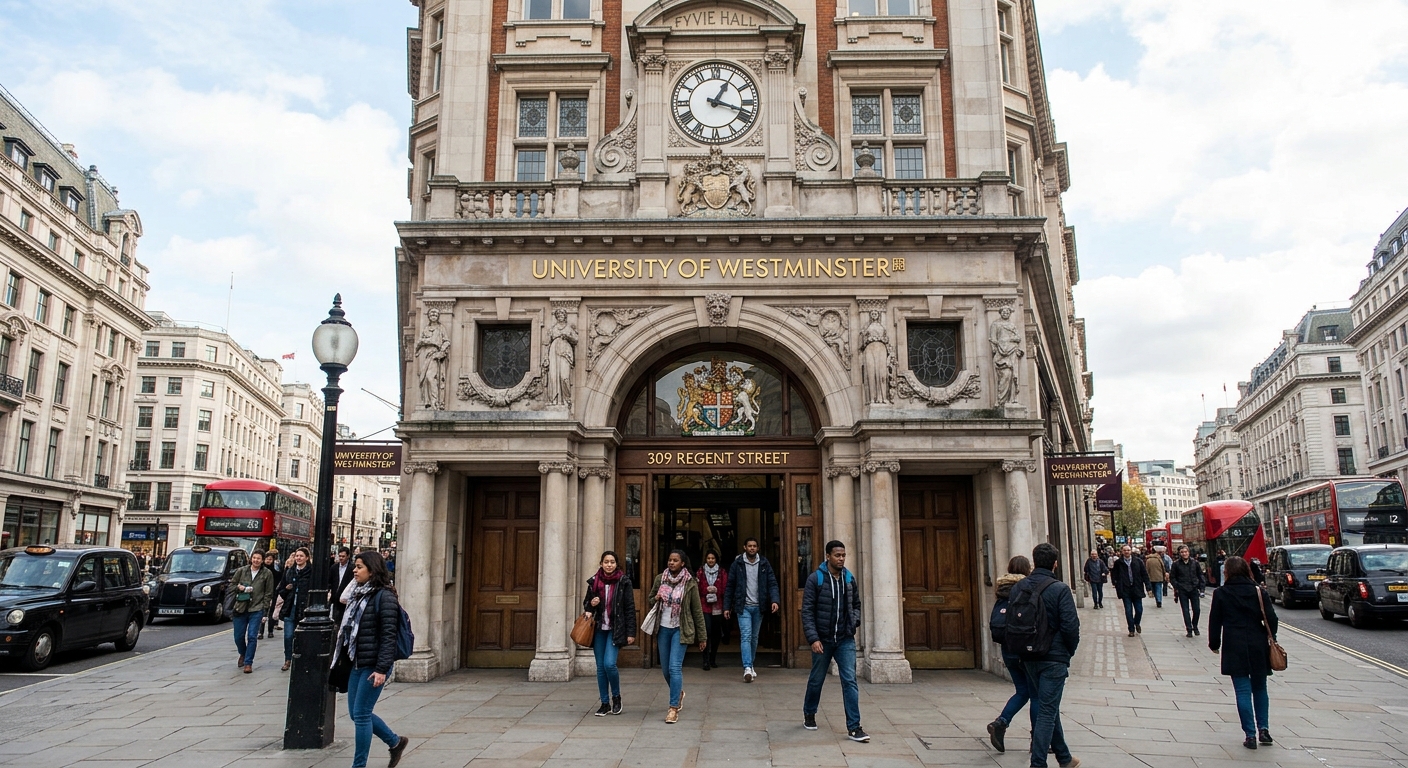 University of Westminster Regent Street campus, historic Victorian facade at 309 Regent Street, grand entrance with ornate stonework, students walking through the entrance, central London setting