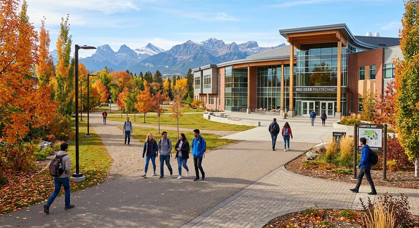 Modern polytechnic campus building at Red Deer Polytechnic in Alberta Canada, students walking along pathways with Canadian Rocky Mountain foothills visible in the background, autumn trees lining the campus