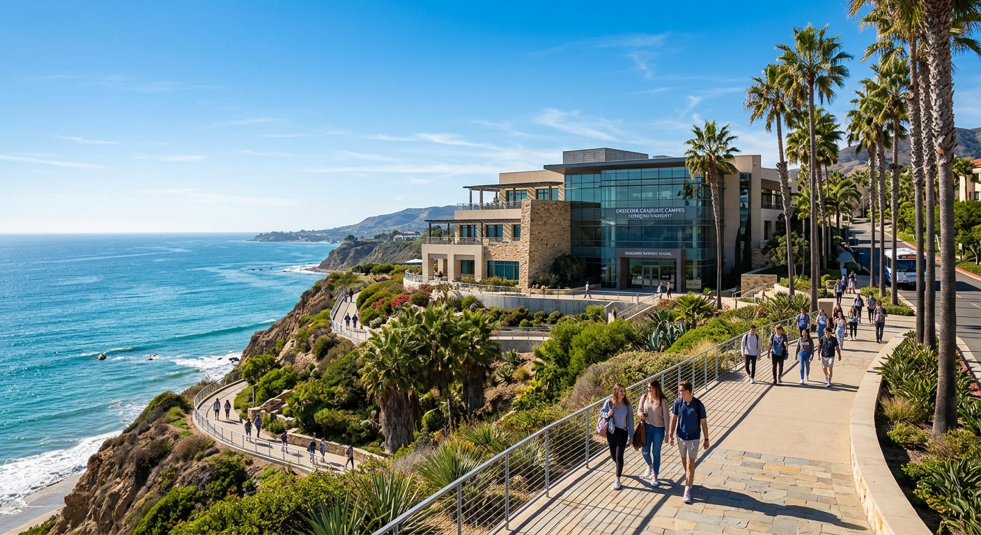 Pepperdine University Malibu campus overlooking the Pacific Ocean, modern business school building with palm trees, clear blue sky, students walking along coastal pathways
