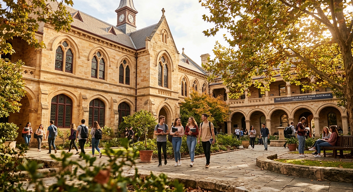 University of Notre Dame Australia Fremantle campus heritage sandstone buildings with arched windows, students walking through leafy courtyard, warm golden light filtering through trees