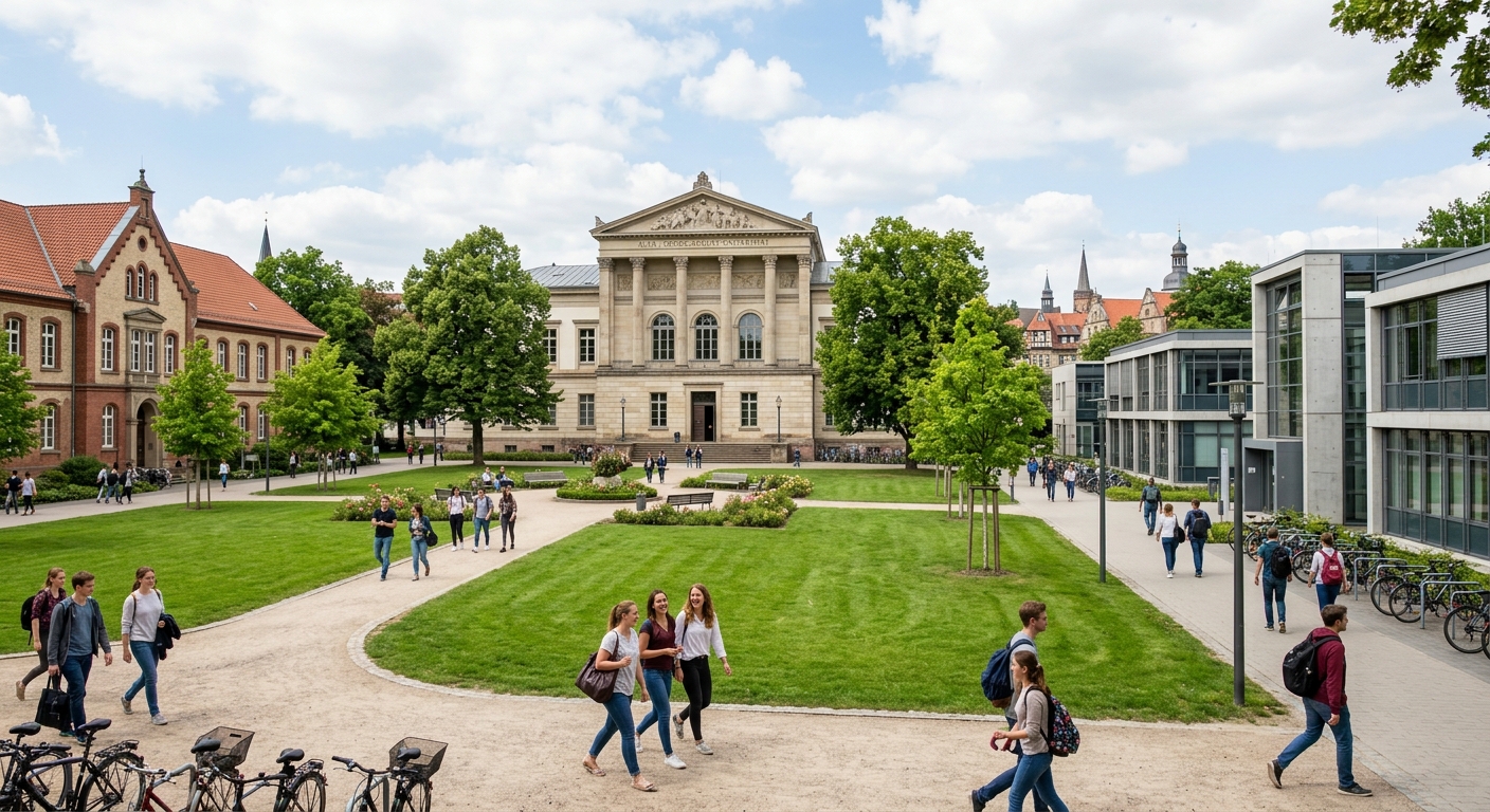 University of Göttingen historic campus with neoclassical Aula building, green courtyard, students walking between modern laboratory buildings and traditional academic halls in Göttingen, Germany