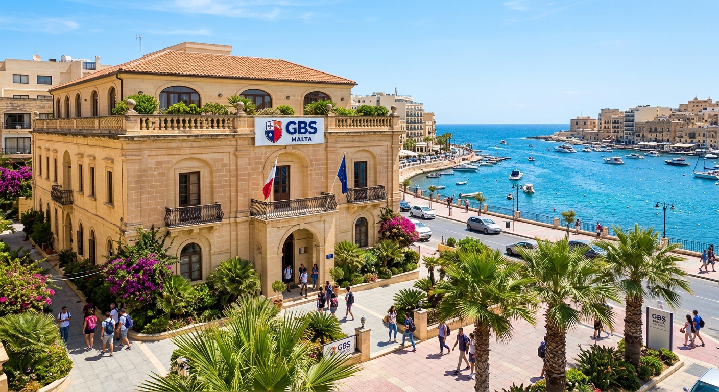 GBS Malta campus building in St Julian's with Mediterranean architecture, sunny blue sky, palm trees, and the sparkling Mediterranean Sea visible in the background