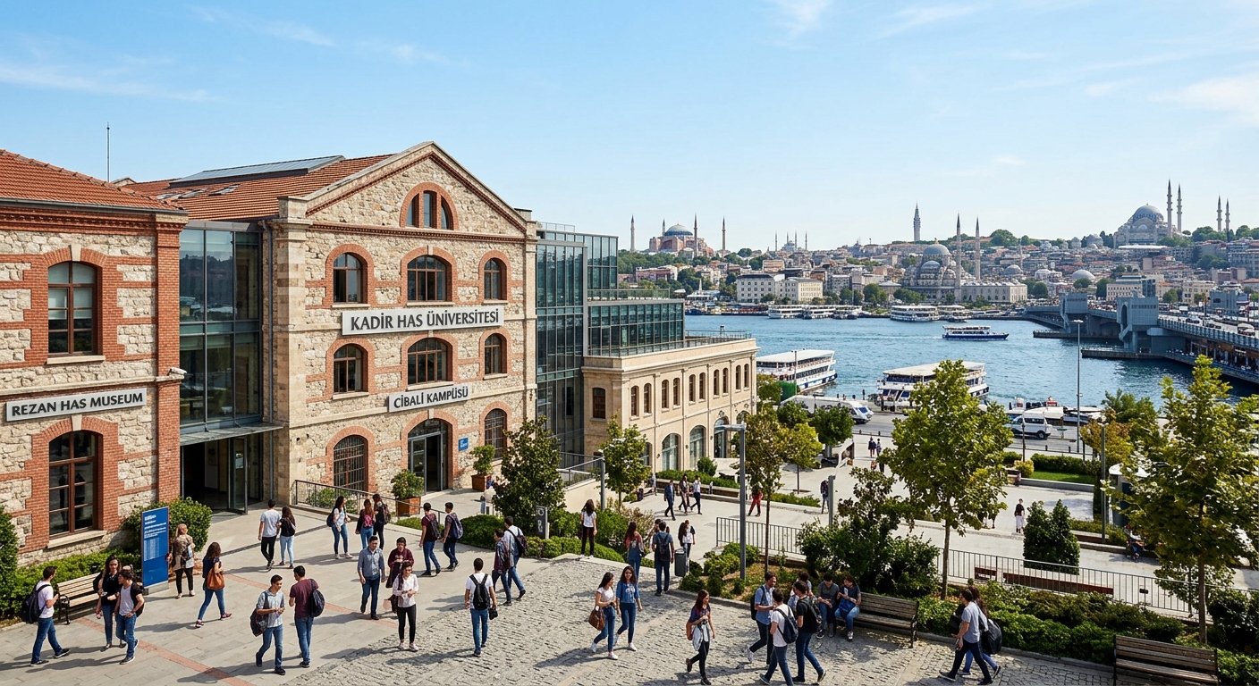 Kadir Has University Cibali campus along the Golden Horn in Istanbul, historic stone buildings blended with modern architecture, students walking through courtyard, clear sky over Istanbul skyline