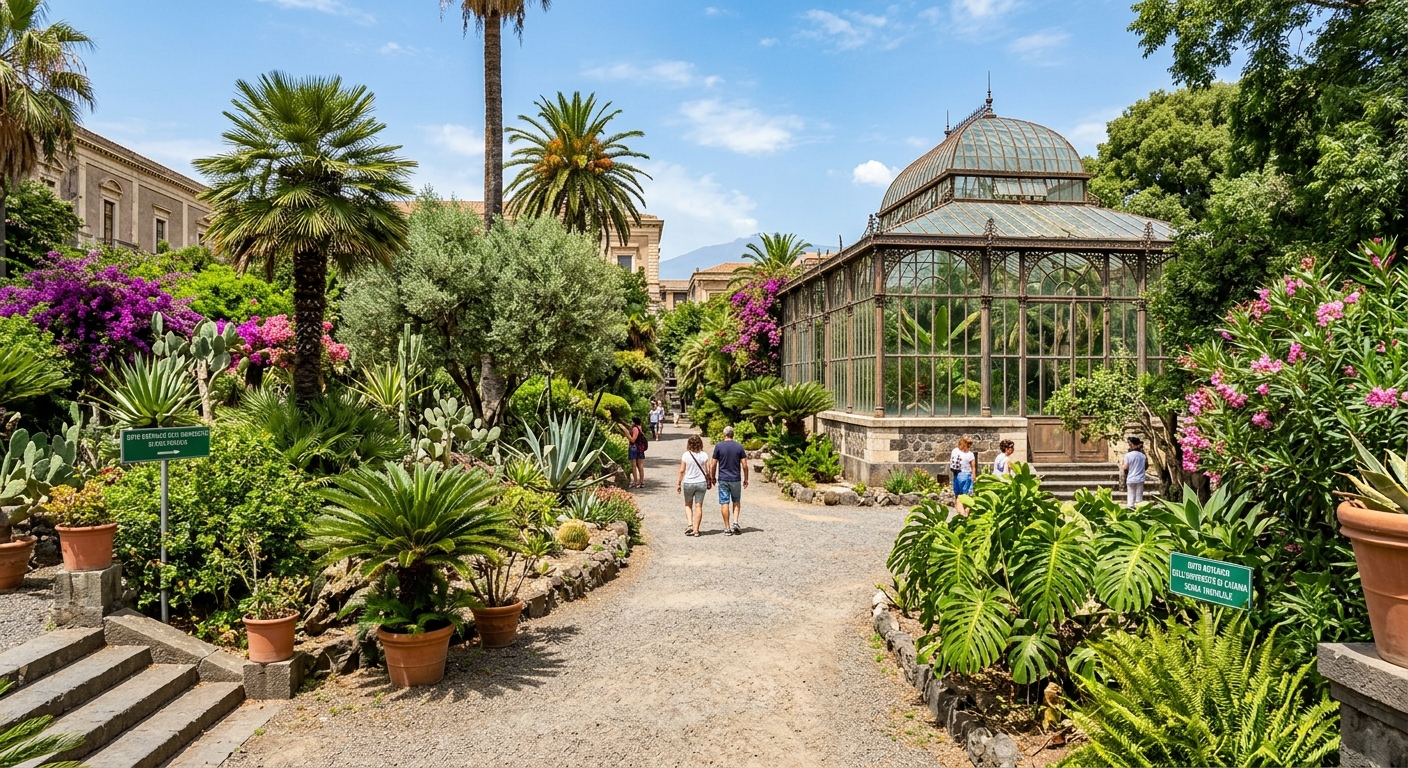 University of Catania Botanical Garden (Orto Botanico), lush tropical and Mediterranean plants, historic greenhouse structures, pathways through exotic vegetation, sunny day