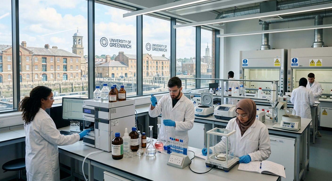 Modern pharmaceutical science laboratory at University of Greenwich Medway Campus, students in white lab coats working with analytical equipment and chemical formulations, bright lighting with large windows overlooking historic Chatham Maritime buildings