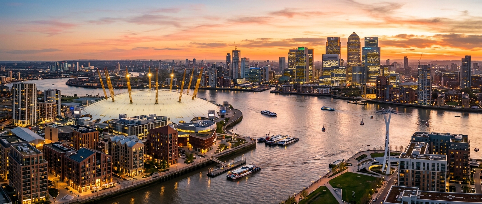Panoramic view of Greenwich Peninsula London with the O2 Arena dome, Thames river, Canary Wharf skyline in distance, Design District buildings, sunset golden hour lighting