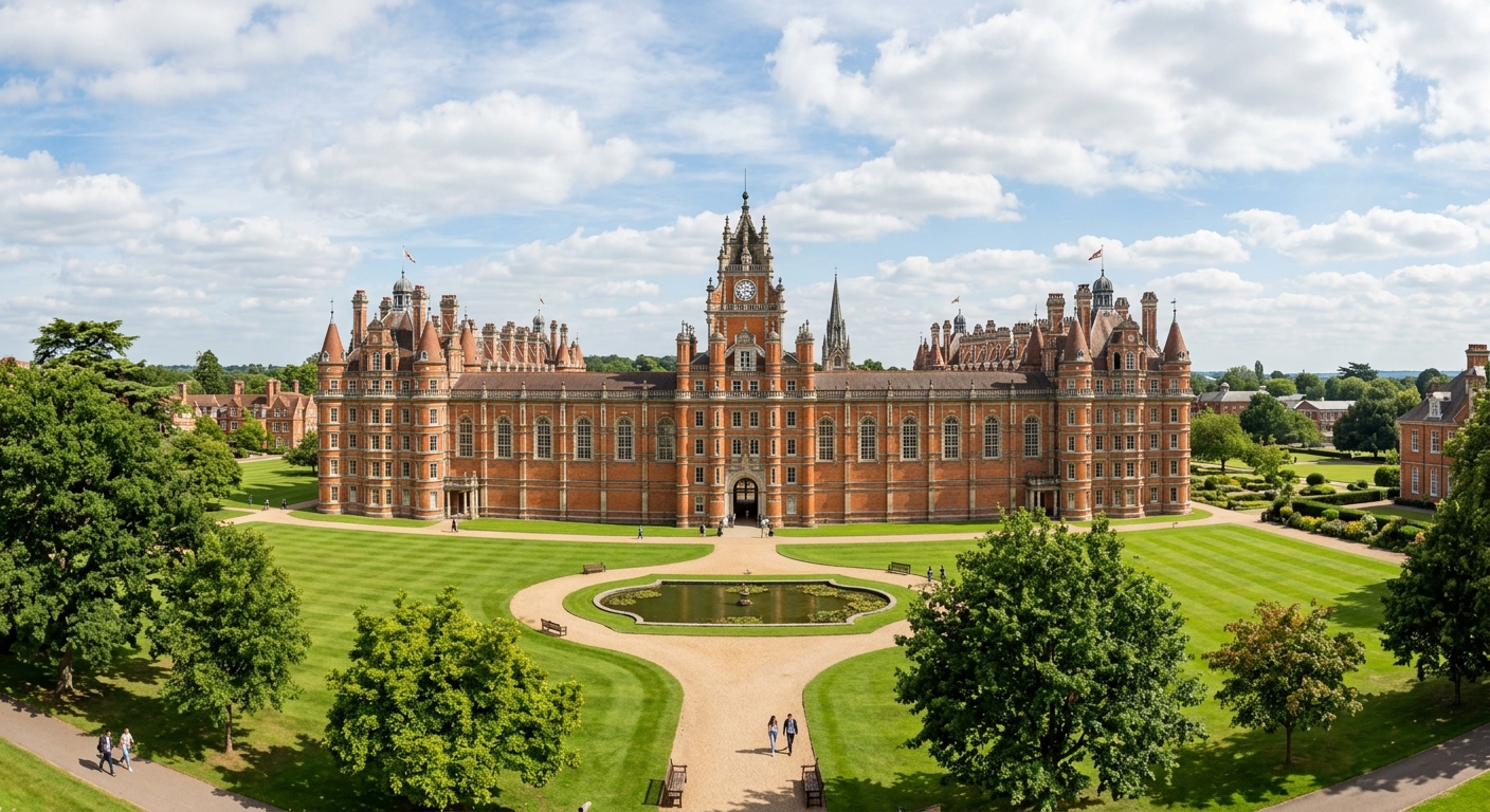 Royal Holloway University of London Founder's Building wide shot, Grade I listed red-brick Victorian architecture modelled on Chateau de Chambord, green lawns, turrets and towers against blue sky, Egham Surrey campus