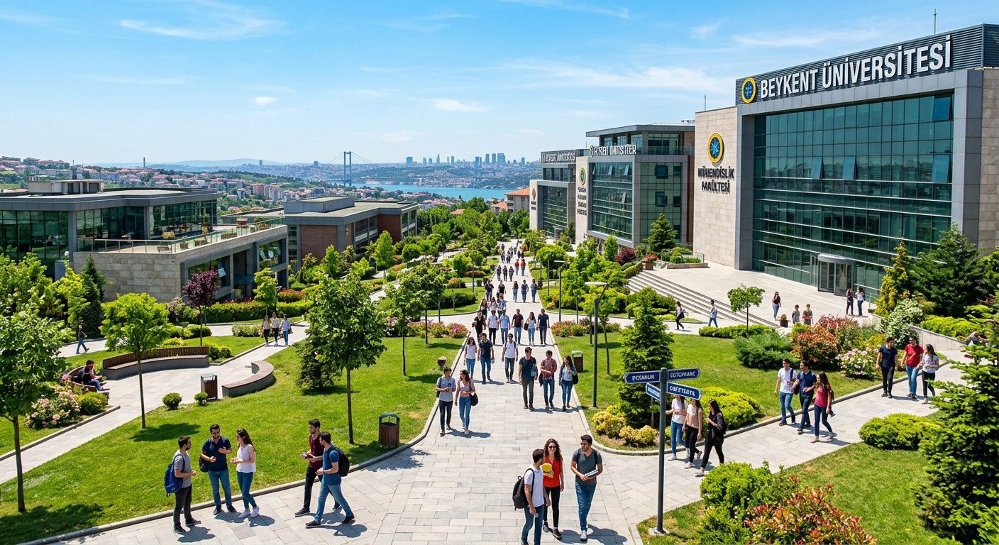 Beykent University campus in Istanbul Turkey with modern academic buildings, green landscaped grounds, students walking between lecture halls, clear blue sky over the European side of Istanbul