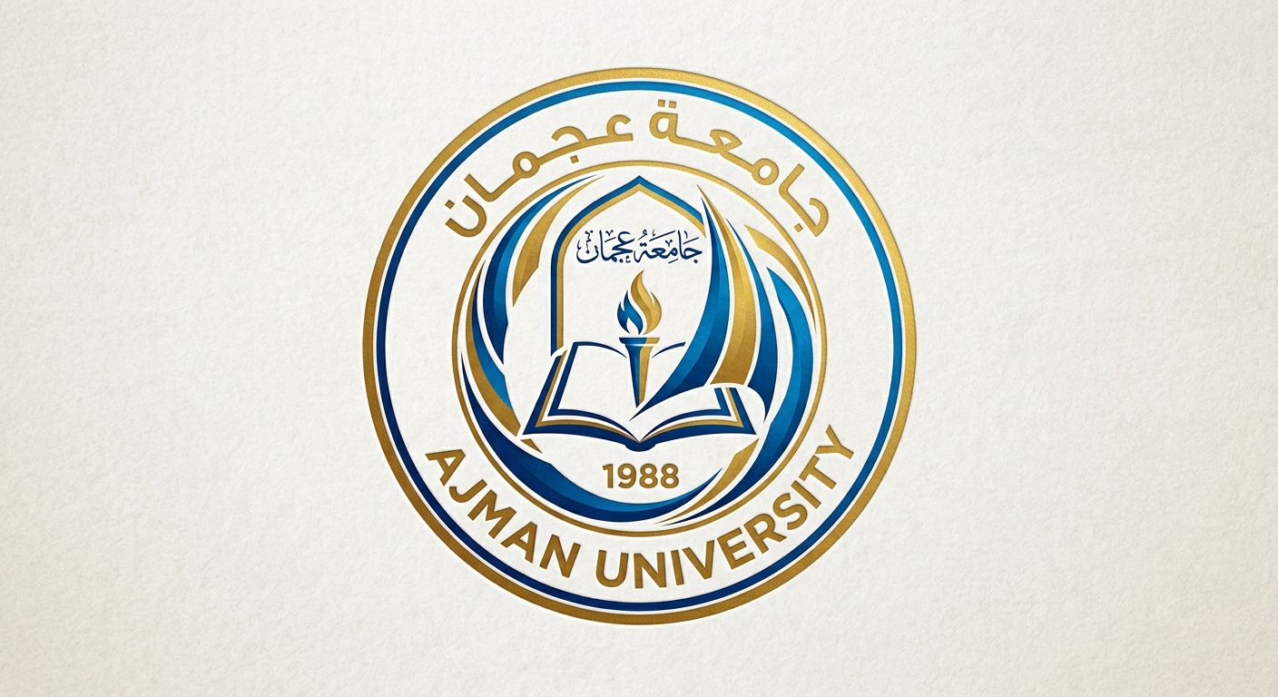 Ajman University official logo featuring the university name in English and Arabic script with a blue and gold emblem