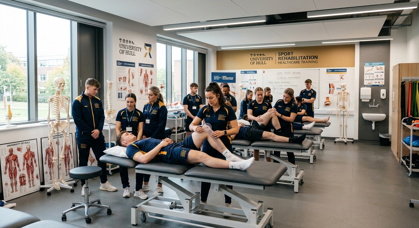 University of Hull sport rehabilitation teaching suite with treatment beds, anatomical models, and students practicing clinical assessment techniques in a modern healthcare training facility with natural lighting