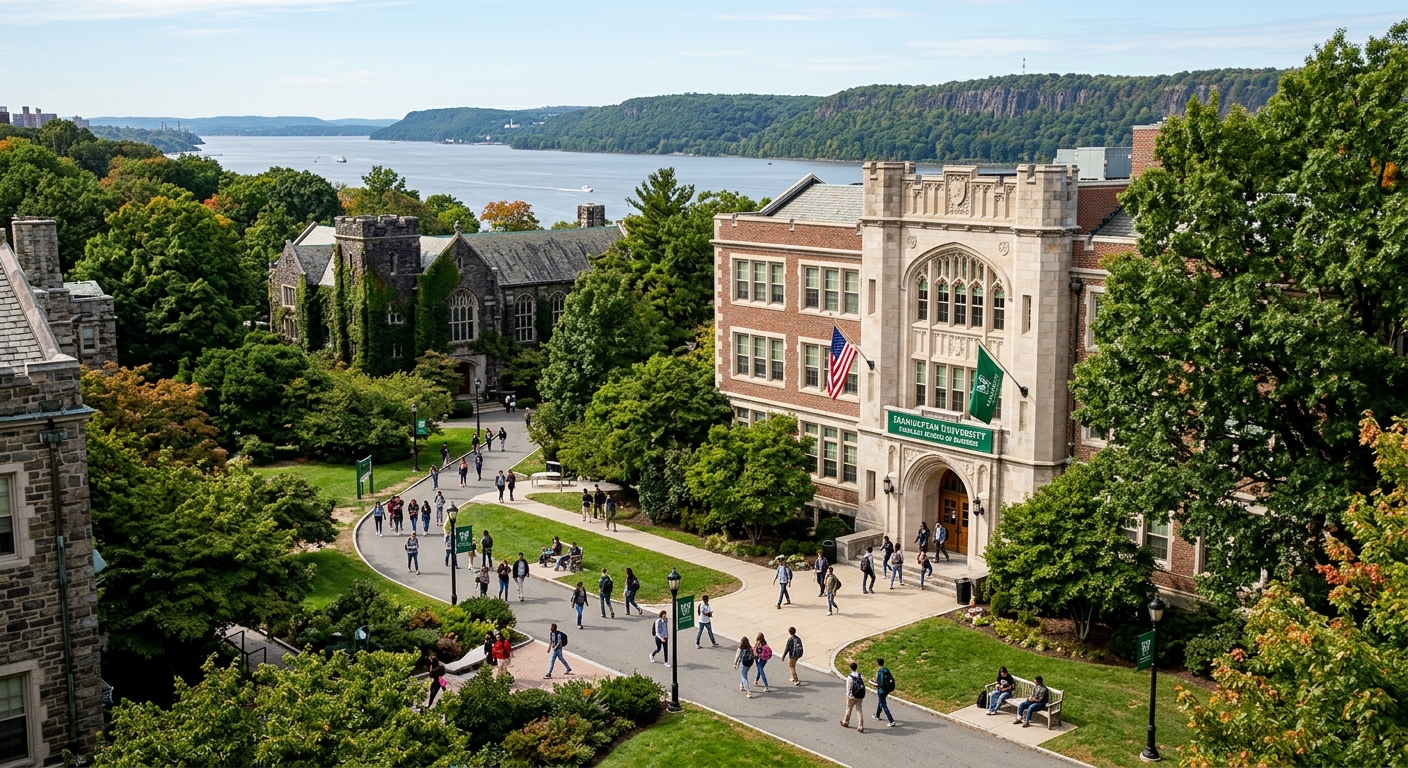 Manhattan University campus in Riverdale, New York with historic stone buildings surrounded by green trees, Hudson River visible in background, students walking on pathways near the O'Malley School of Business