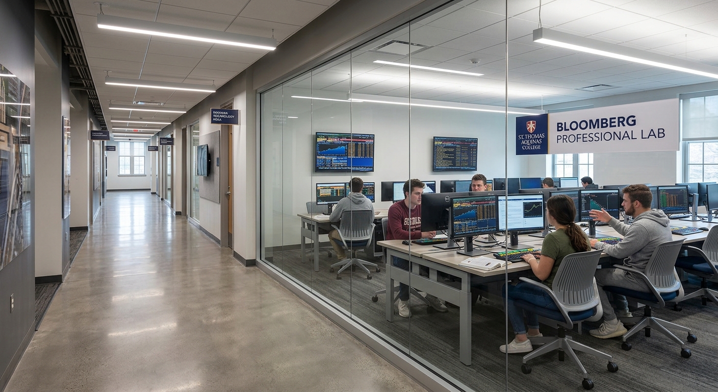 Spellman Hall technology corridor at St. Thomas Aquinas College, interior view showing Bloomberg Professional Lab with computer workstations, modern lighting, and students working