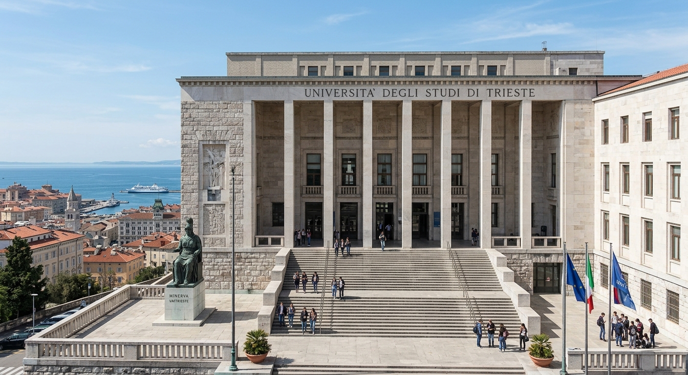 University of Trieste main building facade in Italian rationalist architectural style, grand staircase entrance with columns, Minerva statue on the left, overlooking Trieste cityscape and sea