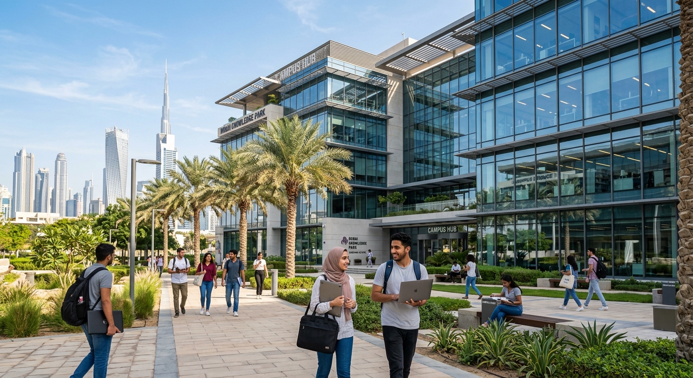 Modern glass-fronted campus building at Dubai Knowledge Park with palm trees, students walking with laptops, Dubai skyline visible in background, bright sunny day