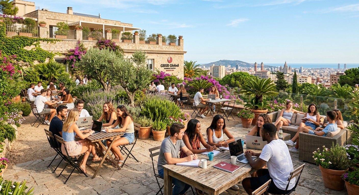 GBSB Global campus garden terrace, outdoor seating area with Mediterranean plants, students relaxing and networking, sunny day in Barcelona