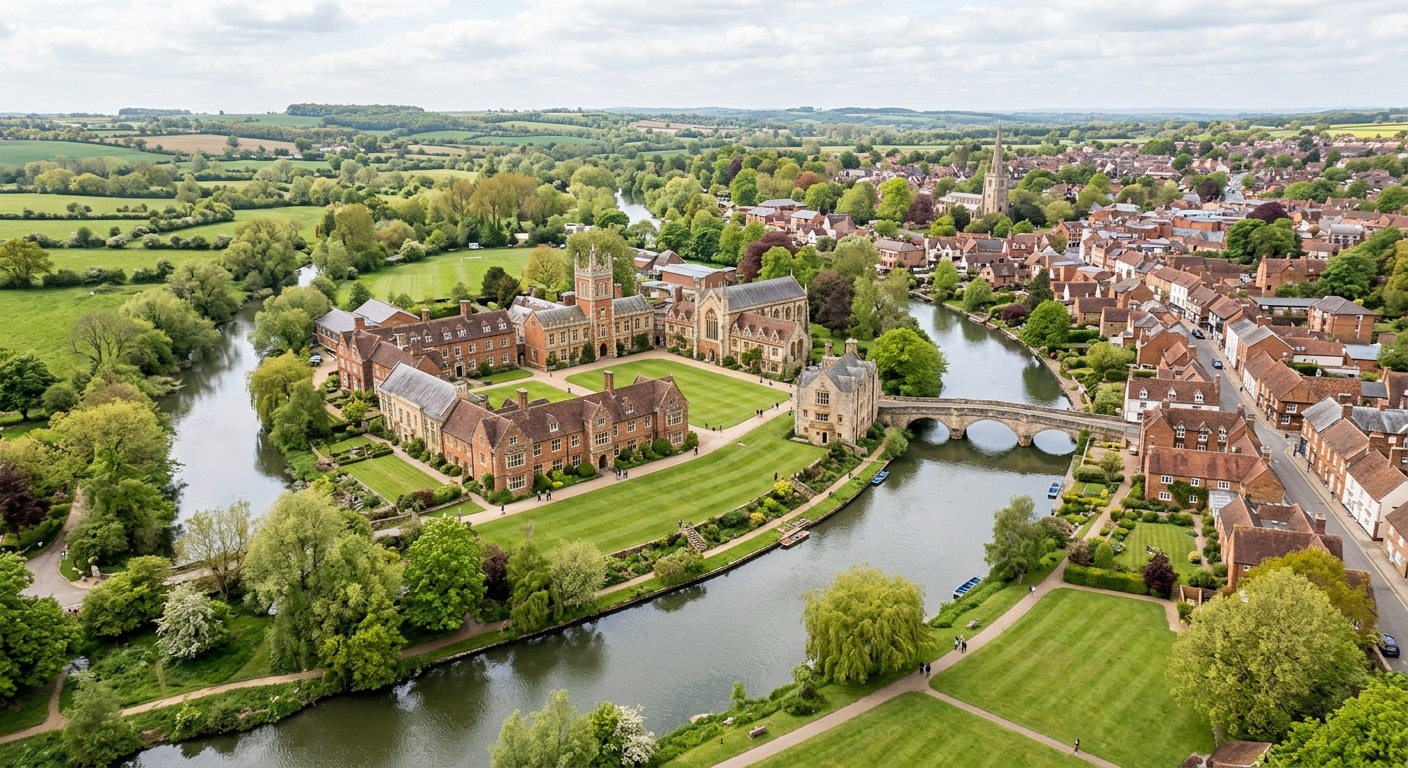 University of Buckingham riverside campus aerial view, historic buildings along the River Great Ouse, green lawns and trees, charming English market town setting, soft natural daylight