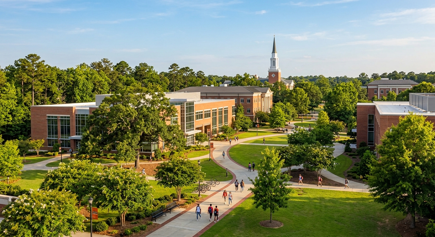 Auburn University at Montgomery campus wide-shot, modern brick academic buildings set among lush green trees on a 500-acre campus, warm afternoon sunlight, Ida Belle Young Library tower visible in the background, students walking along pathways