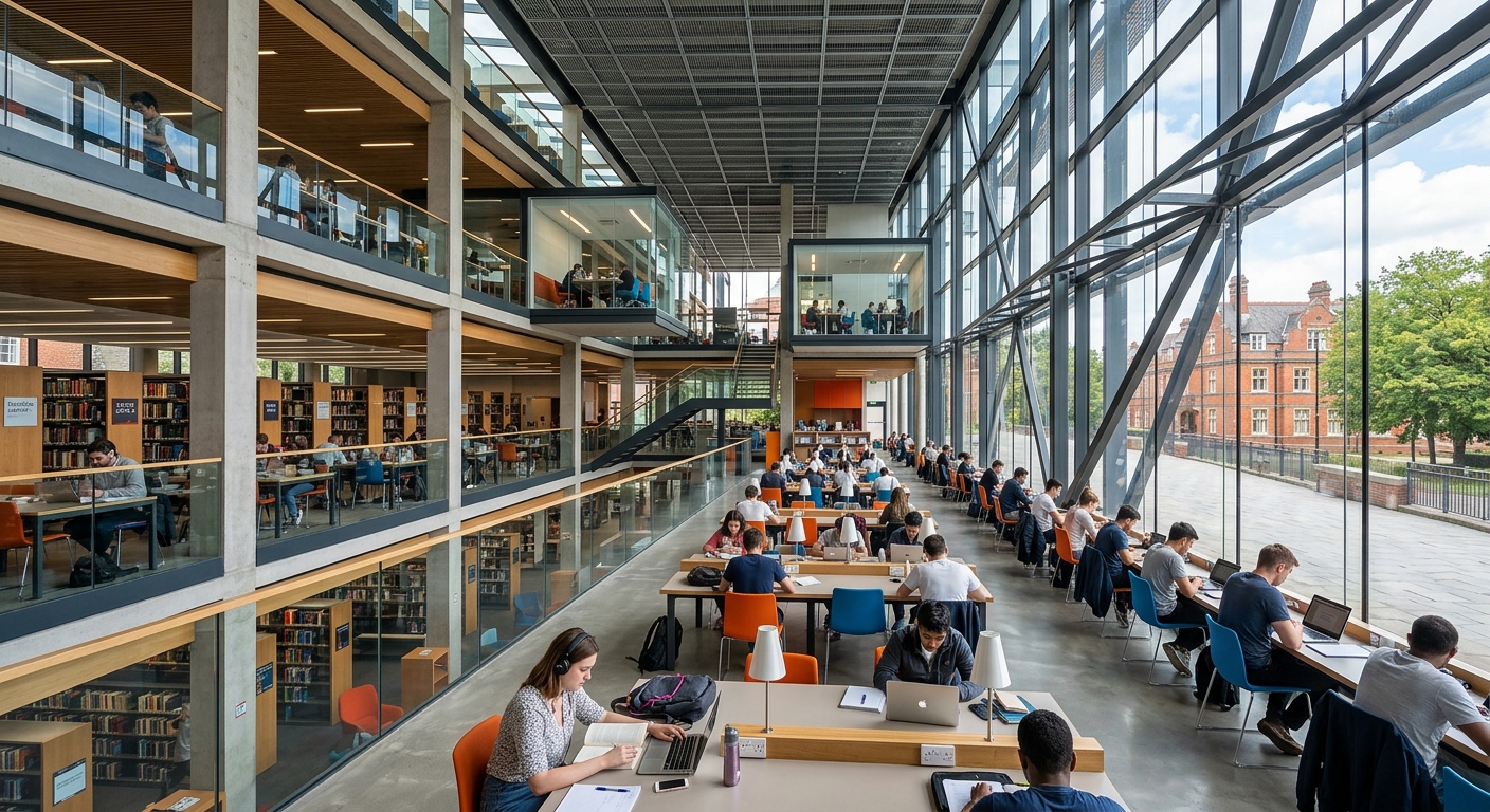 Emily Wilding Davison Library at Royal Holloway, modern glass and steel building, students studying inside, bright open-plan interior with multiple study zones